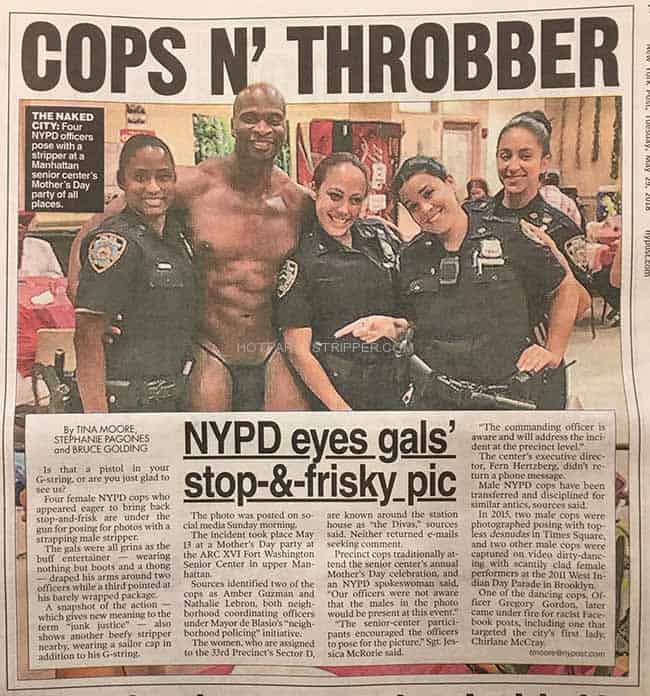 ny male dancer posing in a picture with four real NYPD police officer women in a the local News paper